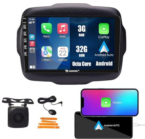 Kunfine Car CarPlay Android Auto Navigazione Stereo GPS Radio Fotocamera Display 9 IPS Schermo tattile Headunit Tablet Pad Lettore multimediale Per Jeep Renegade 2016-2020 Octa Core 3G+32G