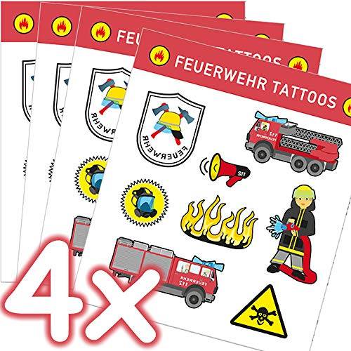 Mega-Tattoo-Set * Feuerwehr * als Mitgebsel, Geschenk oder zum Spielen | 4 Bögen mit 32 Tattoos | Sam Aufkleber Bilder Sticker Kinder Kindergeburtstag Geburtstag Feuerwehrmann Feuerwehrauto