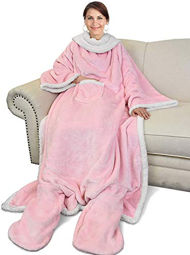 Catalonia Classy Flauschig Decke mit Ärmeln und Fußtasche Warm Geschenk für Frauen Herren Weihnachten, Flauschige Sherpa Kuscheldecke mit Ärmeln, Wohndecke zum Anziehen Erwachsene, 190 x 135 cm Rosa