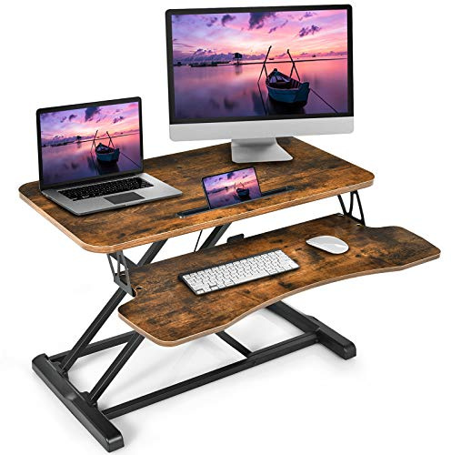 COSTWAY höhenverstellbarerer Sitz-Steh-Schreibtisch mit Tastaturablage und Tablet-Halter, Tischaufsatz mit versteckte Kabelführungshaken, Monitorständer für Monitor oder Laptop (Braun)