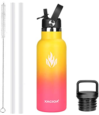 XACIOA Water Bottle Stainless Steel with Straw -for Hot/Cold Drinks 500/750/1000ml Vacuum Insulated Flask Leak Proof Drink Sport,BPA Free - with 2 Replacement Lid and Straw Brush