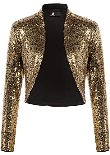 Womens Long Sleeve Sequin Shrug Cardigan Open Front Crop Jacket Bolero Clothing for Jeans(Black&Gold,L)