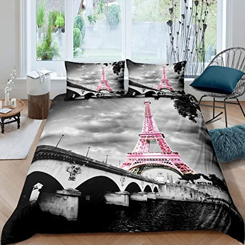 Loussiesd Eiffelturm Bettwäsche Set Für Mädchen - Chic Rosa Paris Thema Bettbezug Set Für Kinder Teens - Moderne Paris Stadtbild Tröster Abdeckung - Französische Bettwäsche 135x200cm Dekor 2 Stück
