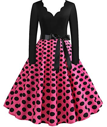 EFOFEI Damen Petticoat Lange Ärmel Ballkleid Weihnachten Druck Partykleid Dot Einfarbig Rockabilly Kleid Rosa 3XL