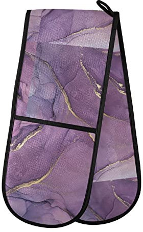 Gold Purple Mixing Acrylic Paints Modern Art Marble Ink Marbling Double Oven Mitt Gloves Extra Long Potholder High Heat Resistant for Baking Cooking Baking Grilling Handling Hots Pans 35x7