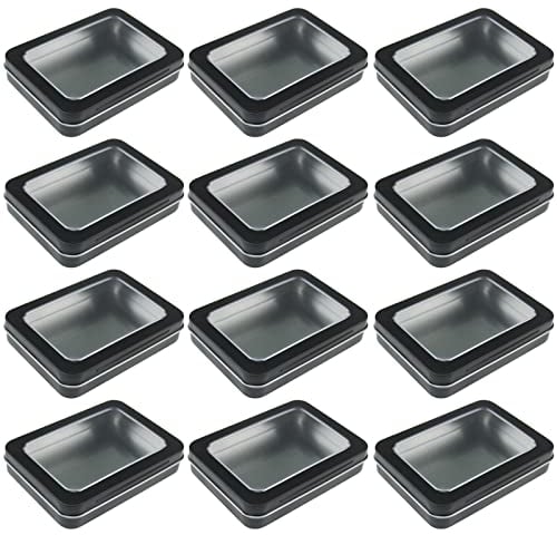 LJY 12 leere rechteckige Metalldosen mit transparentem Fenster, Scharnierdeckel für kleine Gegenstände und andere Bastelprojekte, 115 x 85 x 22 mm (schwarz)