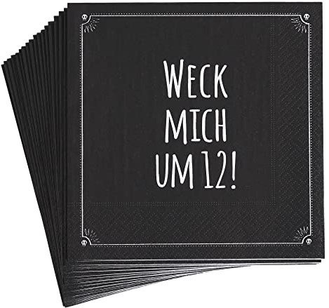 Pechkeks Silvester Servietten schwarz - Weck mich um 12! - Party Neujahr Tischdeko mit Spruch für Freunde des schwarzen Humors, 33 x 33 cm, 10 Stück