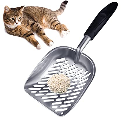 Andiker Metal Cat Litter Scoop Durable Large Litter Box Sifter with Ergonomic Long Handle and Large Holes Slot Pet Litter Shovel Easy to Clean (Black)