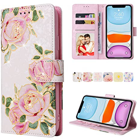UEEBAI Wallet Case for iPhone 11 Pro 5.8 inch, PU Leather Phone Case Kickstand RFID Blocking Flip Case with Card Slots Wrist Strap Relief Engraved Pattern Magnetic Closure Folio Case - White Rose