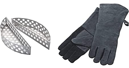 RÖSLE Kohlekorb F60/F60 AIR, 2-TLG. & Grillhandschuhe, Hochwertige Lederhandschuhe zum Schutz vor Verbrennungen, Leder, Universalgröße 24/XL, grau/schwarz