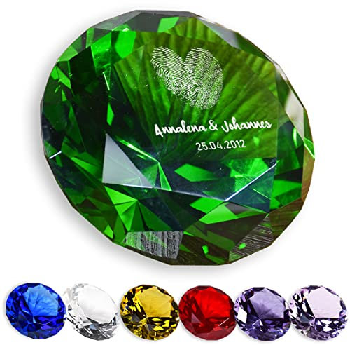Cristal décoratif en verre vert avec gravure comme cadeau de mariage – Personnalisable avec nom – Gravure à la main – Pièce unique inoubliable – Cadeau pour les couples d'amour – Motif cœur