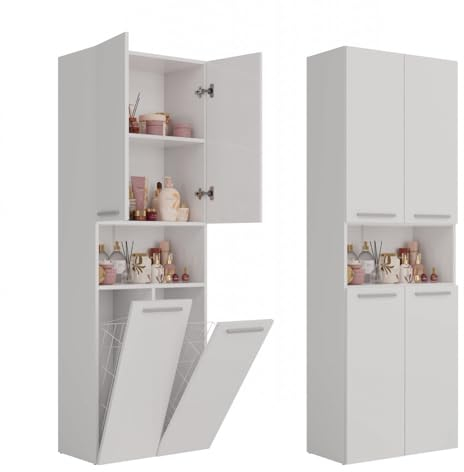 WHATSIZE ENTERPRISE – Nel – Wooden Storage Cupboard with Washing Basket - Organise Cosmetics and Toiletries - Furniture to Complement Modern Décor - White (Nel)