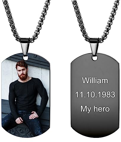 AOTXOXTOA Edelstahl Halskette Hundemarke Anhänger mit Verstellbarer Kette Schlüsselanhänger Schalldämpfer Personalisierte Fotogravur Bild für Männer Frauen Memorial Image Schmuck Geschenk