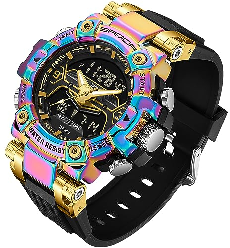 findtime Montre de sport numérique militaire pour homme - Étanche - Grand cadran - Rétroéclairage LED - 8 couleurs - Chronomètre - Alarme - Montre électronique tactique, Arc-en-ciel, Sangle