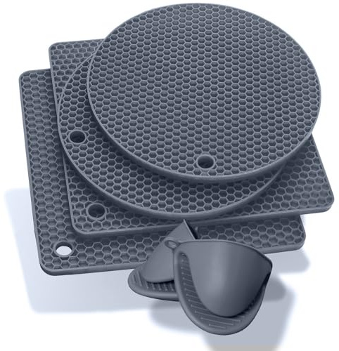 Pantelej Silikon Topfuntersetzer 6er Set - Inklusive 2 Mini-Topfhandschuhen - Hitzebeständig bis 230 Grad - Spülmaschinenfest und rutschfest - Wabenmuster Design - Multifunktional - Hell-Grau