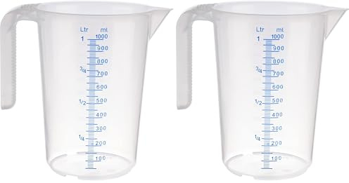 APS Messbecher 1 Liter, Ø 12 x H: 16,5 cm, Kunststoffbecher mit geprägter Maßskalierung außen, offener Griff, l-/ml-Einteilung, spülmaschinengeeignet (Packung mit 2)