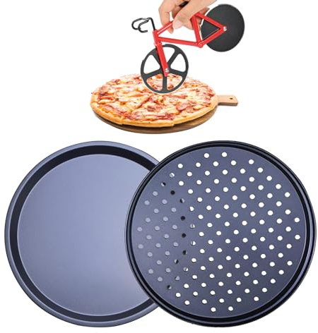 GylSun 3 Pack - 2 x Pizza Pan Oven Baking Tray Large 12'' (31cm) + Pizza Cutter Non Stick Coating Crisper Chip