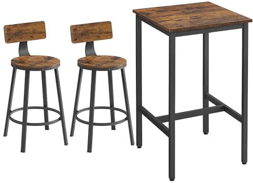 VASAGLE Bartisch mit 2 Barhockern Set, Stehtisch, Küchentisch hoch, Küchenstühle, Barstuhl, Küchenstuhl, Metallgestell, einfache Montage, Industrie-Design, vintagebraun-schwarz LBT031B01