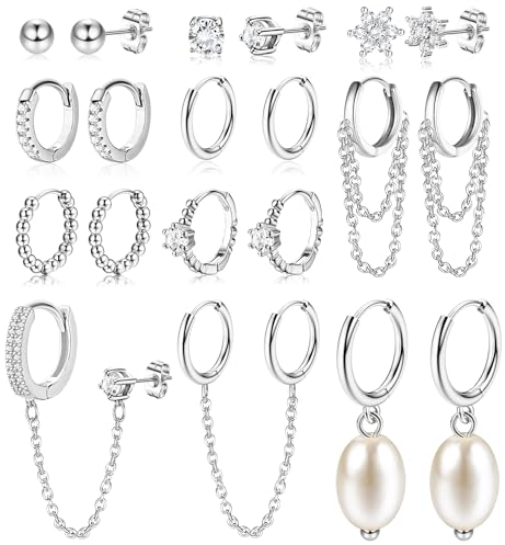 KRFY 11Stück Ohrringe Creolen Silber für Damen Leichte Chirurgenstahl Kette Huggie Ohrringe Damen Set Hypoallergenes Ohrstecker Silber