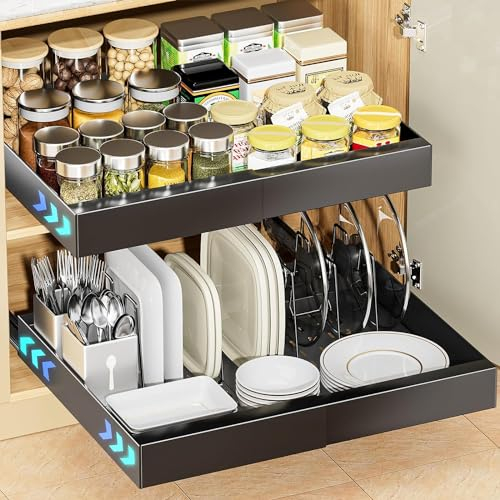 OVICAR Pull Out Cabinet Organiser: Extendable Slide Out Drawer Adhesive Heavy Duty Storage Shelf for Kitchen Cupboard Bathroom with 4pcs Divider Racks, Sliding Drawer Organizer, 31-52.5cm W, Black