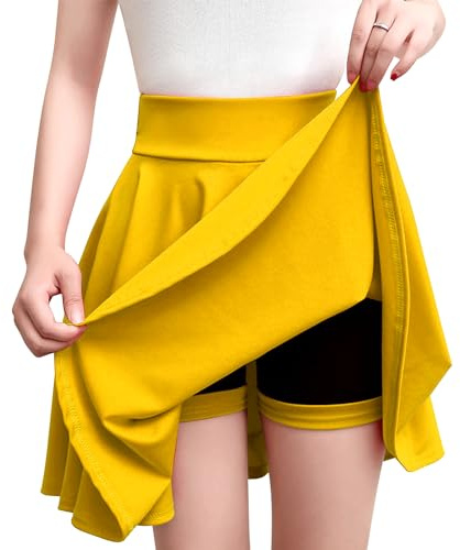 Mini jupe patineuse plissée taille haute pour femme - Couleur unie - Décontractée - Évasée à volants, Jaune 1, 42