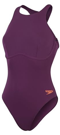 Speedo Maillot de Bain Racer Zip Avec Soutien-Gorge Intégré, Doux Au Toucher, Qualité Supérieure Pour Femme, Prune Dandy/Rouge Sirène, 30