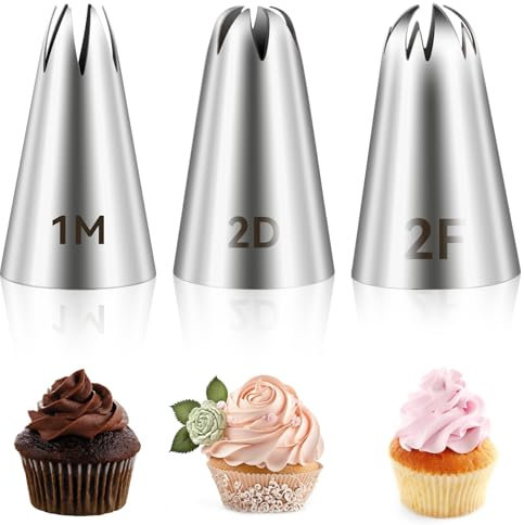 Giantree Lot de 3 douilles de 1 m, 2D, 2 F - Grandes douilles de décoration de gâteaux en acier inoxydable - Outils de décoration de gâteaux pour décoration de gâteaux à la crème, cupcakes, biscuits