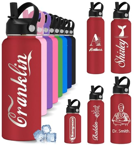 YoLLiEE Custom Personalised Water Bottles for Kids with Straw 12 18 24 32 40 oz Customised Engraved Insulated Stainless Steel Water Bottles with Name Design, Red