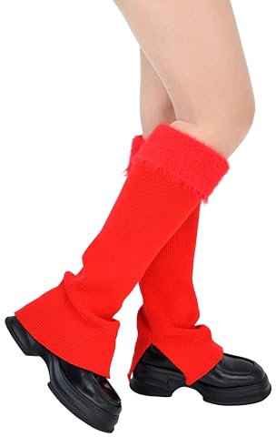 TeeYee Damen Stulpen Winter Beinwärmer Beinstulpen Strumpf Winterstiefelmanschetten mit Kunstfell und Schlitz für Yoga Custume Party Rot