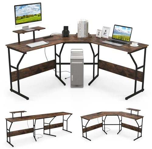 CASART Reversible L Shaped Desk with Charging Station, Monitor Stand & Metal Support, 225cm Large Office Workstation for Home Office (Rustic Brown)