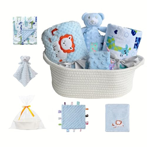 CREVENT Baby Welcome Gift Set Storage Basket with 2 Blankets+ 1 Security Blanket + 1 Taggie + 1 Gift Bag with Ribbon (Blue)