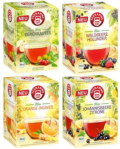 Teekanne Bio Genussgarten Früchtetee 4er Set (4x 14 Teebeutel) - Bergkräuter, Johannisbeere Zitrone, Waldbeere Holunder, Orange Ingwer – 100% Bio, laktosefrei, glutenfrei & vegan