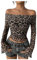 GORGLITTER Women's Leopard Off Shoulder Bell Long Sleeve Crop Top Sexy Skinny Cropped T Shirt Brown M