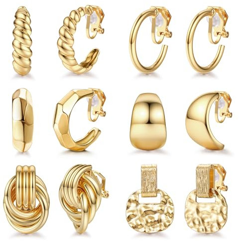 Diamday 6 Paare Ohrclips Clip Ohrringe Damen 18K Gold/Silver Clip Ohrringe Set Hypoallergen Tropfen Chunky Statement Geometrische Twist Runde Ohrringe Clips Kein Piercing Gefälschte Ohrringe