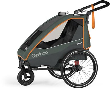Qeridoo Fahrradanhänger Lynix 1 Forest Green, faltbar, mit 360 Grad drehbaren, luftgefüllten Buggyrad und patentierten Kopfprotektoren, für 1 Kind