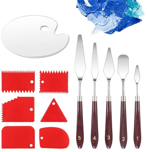 WEDAMOO 12 Pcs Palette Knife Set, 5 Stainless Steel Painting Knives + 6 Plastic Scraper + 1 Acrylic Paint Palette, Oil Painting Mixing Scraper, Pallet Knife Painting Tools for Art Craft Painting