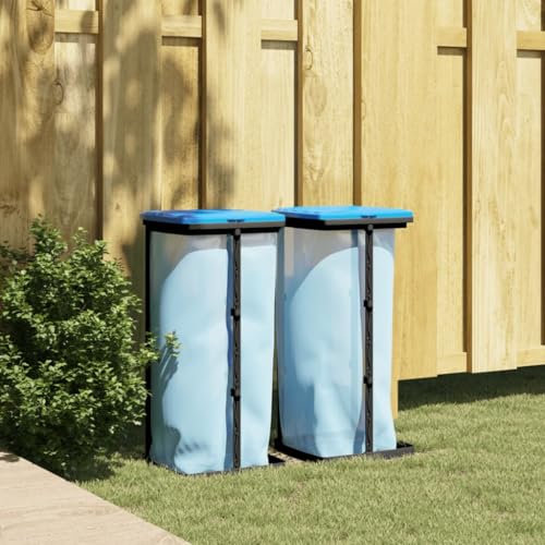 Brokky 154979 Rubbish Bag Holders 2 pcs Black and Blue 60 L PP Sack Holder Black Lid Adjustable Refuse Bag Stands Foldable Camping Bin