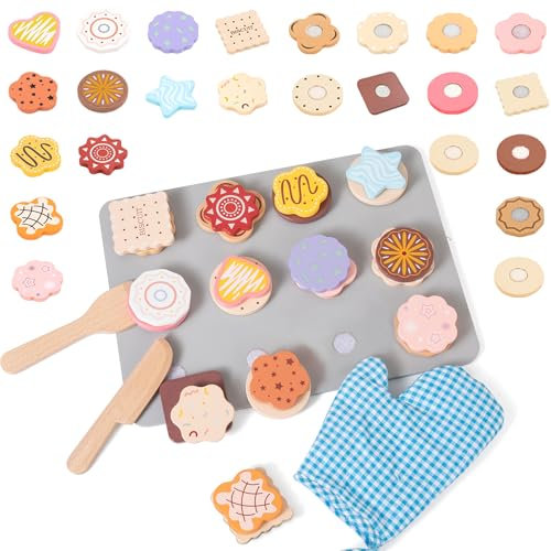 Donmills 28pcs Wooden Cookie Maker Toy Kitchen Accessories, Kids Play Kitchen Cutting and Baking Food Toys Cookies Bakery Playset, Toddler Pretend Play Toy Food Set Boys and Girls Birthday Gift