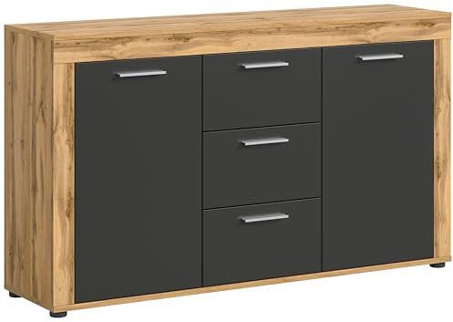 xonox.home Wohnzimmer Jam Sideboard Schrank Lowboard Wohnzimmerschrank Anrichte Stauraumschrank in Front grau Nb. Korpus/Absetzung Wotan Eiche Nb., ca.125x80x35 cm