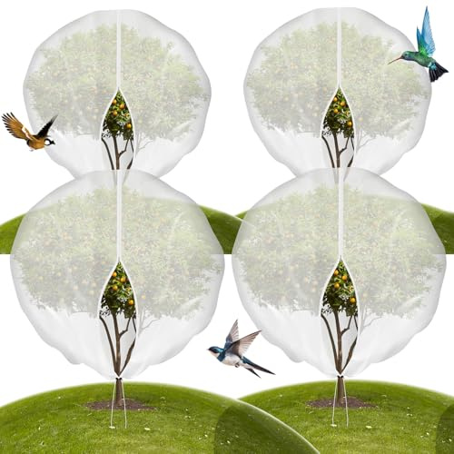 Großes Obstbaumnetz mit Kordelzug und Reißverschluss, Gartennetz für Gartenschutz, Insekten-Vogelnetz für Obstbäume, Schutz vor Insekten, Zikaden, Insekten, Vögeln, 4 Stück, 3 x 3 m