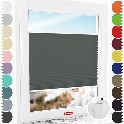 Schuette® Plissee ohne Bohren zum Kleben ● Premium Kollektion: Rocky Mountain (Graphit) ● 110x120cm (Breite x Höhe) ● Suprafix Klebe- & Schraubhalter 2in1 Set Letsbond ● Bequeme Rollo