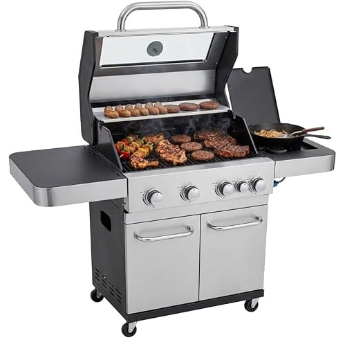 BBQ Kingdom 4+1 Burner Gas BBQ Grill - Stainless Steel Garden Grill | Premium Barbecue with Glass Viewing Pane, Side Burner, Storage Cabinet, Wheels, Removeable Grease Tray, Regulator and Cover