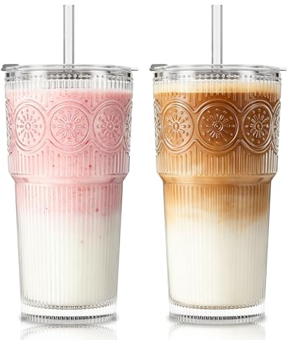 SoulTimes 600ml Ribbed & Floral Glass Tumbler Set of 2 – Reusable Glass Cups with Lid and Glass Straw, Iced Coffee Cups for Water, Smoothie, Milk & More – Perfect for Daily Use & Travel