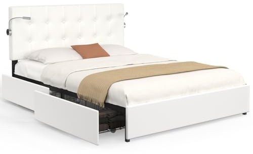 IDMarket - Lit Double MAEL 140 x 190 cm PVC Blanc | Avec tête de lit capitonnée, liseuses intégrées, sommier et 2 tiroirs sur roulettes