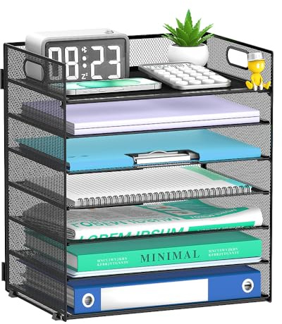 SUPEASY 7 Tier Mesh Desk Organiser Letter Tray with Handle, Black | Mesh desk file organiser with seven A4 trays for organising documents, letters and folders at home, office or school