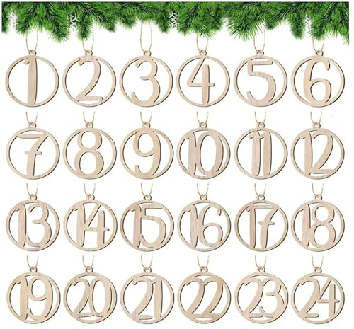24 Stück Adventskalender Zahlen Holz Set, Holzzahlen 1-24 mit Juteschnur, Runde Zahlen für Adventskalender, Weihnachtskalender Bastelset, Weihnachtsdekoration und Geschenkanhänger (Ø 4 cm)