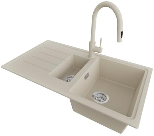 PRIMAGRAN Granitspüle ab 60er Unterschrank + Küchenarmatur, 90x50cm | Set: Küchenarmatur BW9010 + Ablauf-Set (Siphon, Ablaufgarnitur, Überlauf) + Spülbecken 1,5 Becken - Kopenhagen Duo, Beige