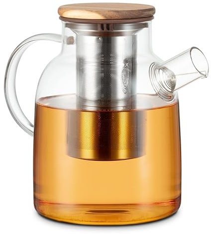 ECONOVO Glasteekanne 1,5L mit Edelstahlfilter und Holzdeckel, groß | Große Teekanne aus hitzebeständigem Borosilikatglas mit herausnehmbarem Filter aus Edelstahl, für losen Tee und Teebeutel