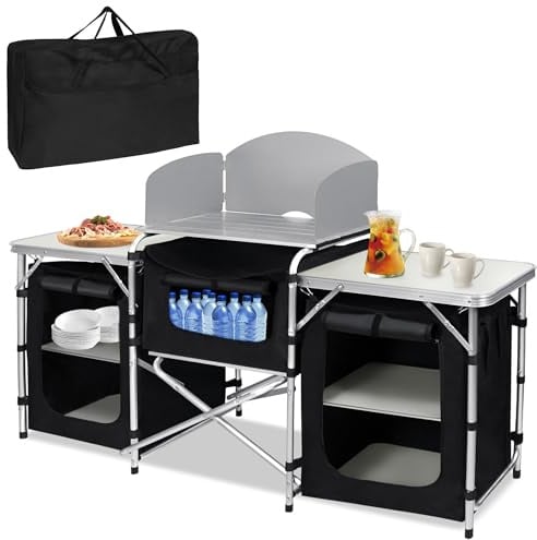 TATIVALO Campingschrank Faltbar Aluminium Outdoor Küche Chrank | Mobile Campingküche mit stabilem Rahmen, praktischer Arbeitsfläche und Stauraum für Outdoor, Reisen, Picknick & Freizeit