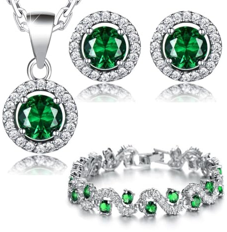 Crystalline Azuria Rund Zirkonia Kristalle Schmuck-Set Halskette Anhänger Ohrringe Armband 18 kt Weiß Vergoldet